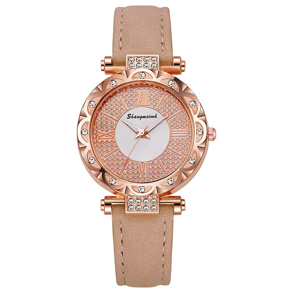 Ladies Quartz Watch Plastic Case Imitation Leather Strap Rose Gold Buckle Round Dial Leisure Style