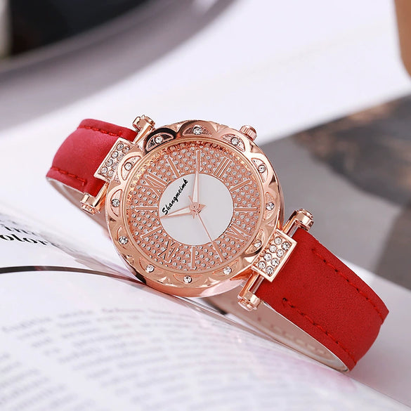 Ladies Quartz Watch Plastic Case Imitation Leather Strap Rose Gold Buckle Round Dial Leisure Style