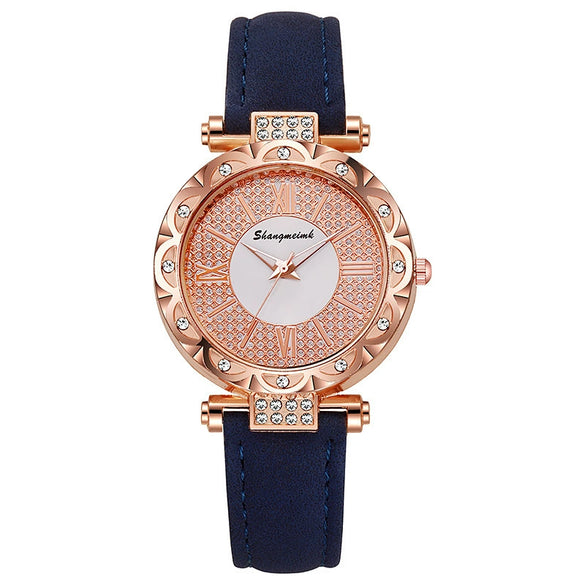 Ladies Quartz Watch Plastic Case Imitation Leather Strap Rose Gold Buckle Round Dial Leisure Style