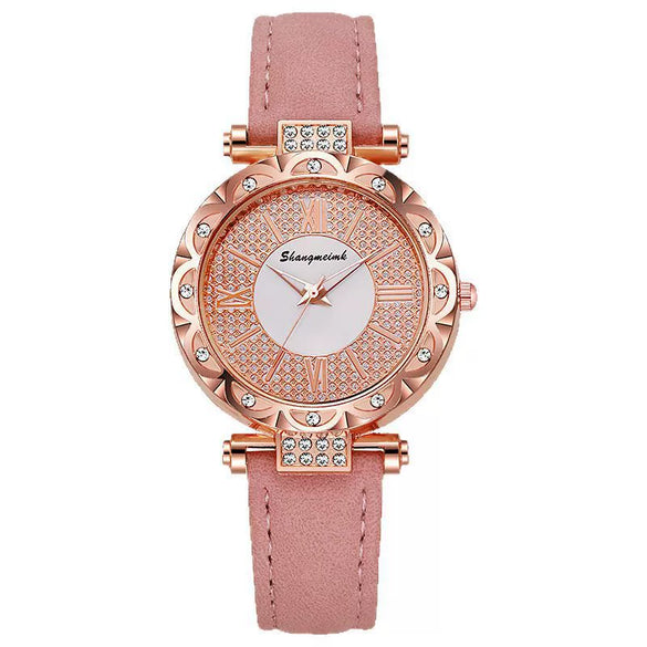 Ladies Quartz Watch Plastic Case Imitation Leather Strap Rose Gold Buckle Round Dial Leisure Style