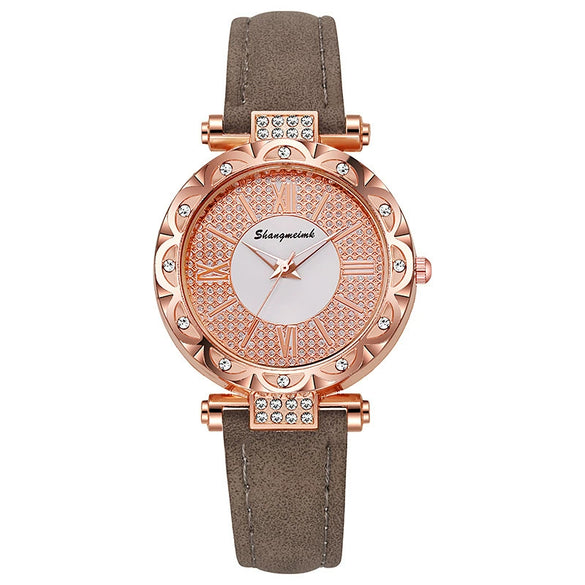 Ladies Quartz Watch Plastic Case Imitation Leather Strap Rose Gold Buckle Round Dial Leisure Style