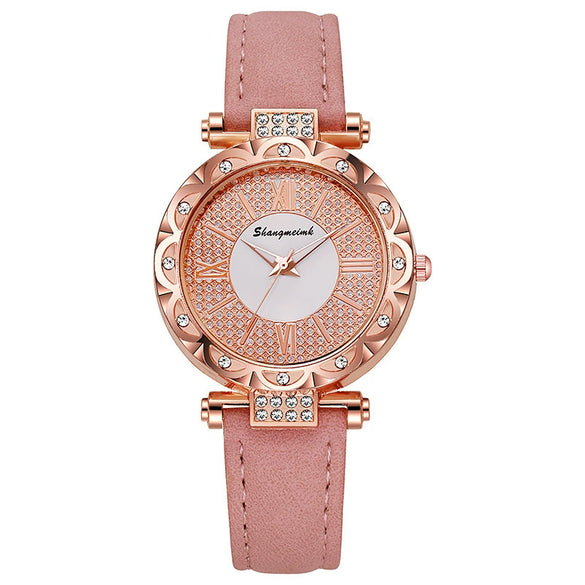 Ladies Quartz Watch Plastic Case Imitation Leather Strap Rose Gold Buckle Round Dial Leisure Style