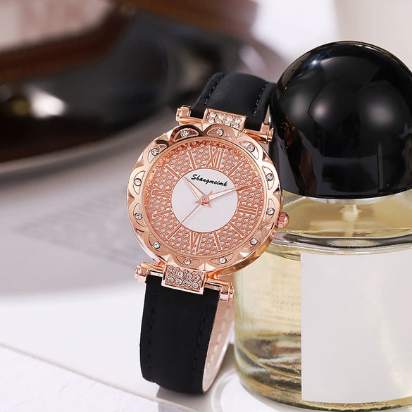 Ladies Quartz Watch Plastic Case Imitation Leather Strap Rose Gold Buckle Round Dial Leisure Style