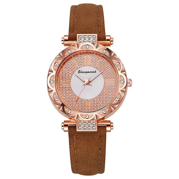 Ladies Quartz Watch Plastic Case Imitation Leather Strap Rose Gold Buckle Round Dial Leisure Style