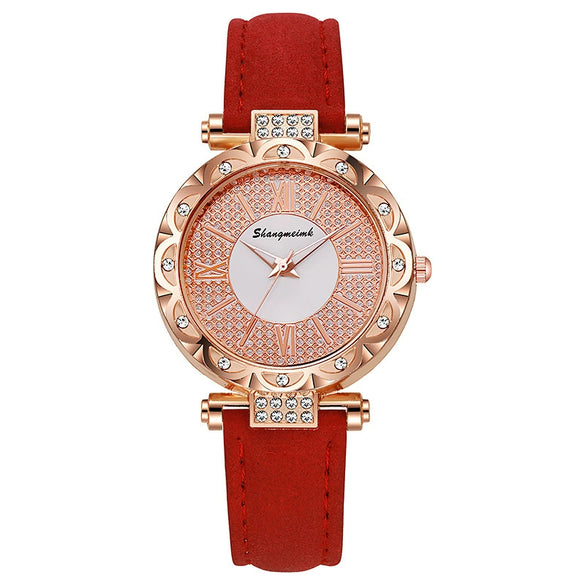 Ladies Quartz Watch Plastic Case Imitation Leather Strap Rose Gold Buckle Round Dial Leisure Style