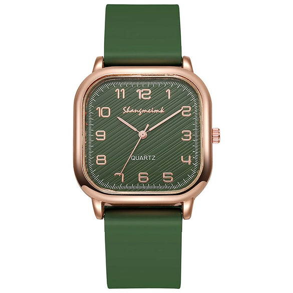 Ladies Quartz Watch Square Alloy Case Silicone Strap Business Style