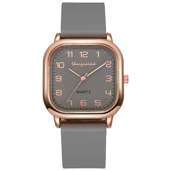 Ladies Quartz Watch Square Alloy Case Silicone Strap Business Style