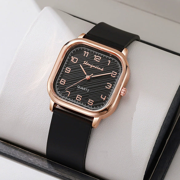 Ladies Quartz Watch Square Alloy Case Silicone Strap Business Style