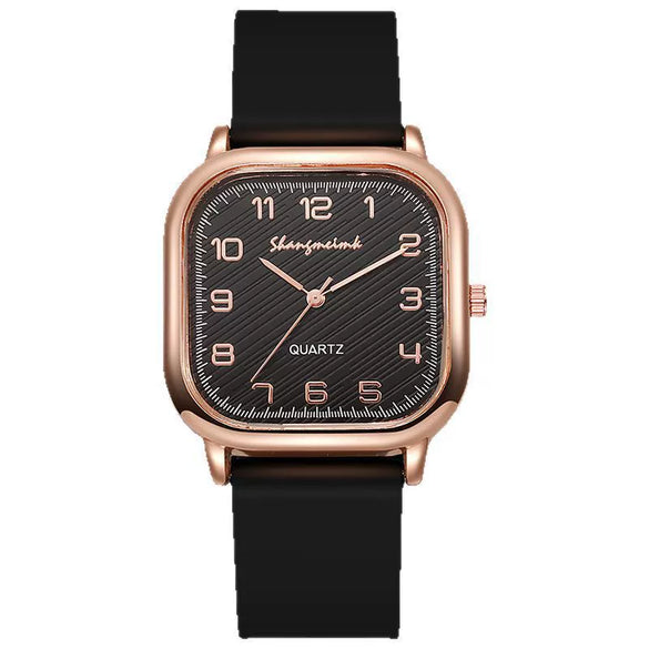 Ladies Quartz Watch Square Alloy Case Silicone Strap Business Style