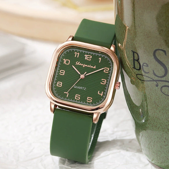 Ladies Quartz Watch Square Alloy Case Silicone Strap Business Style