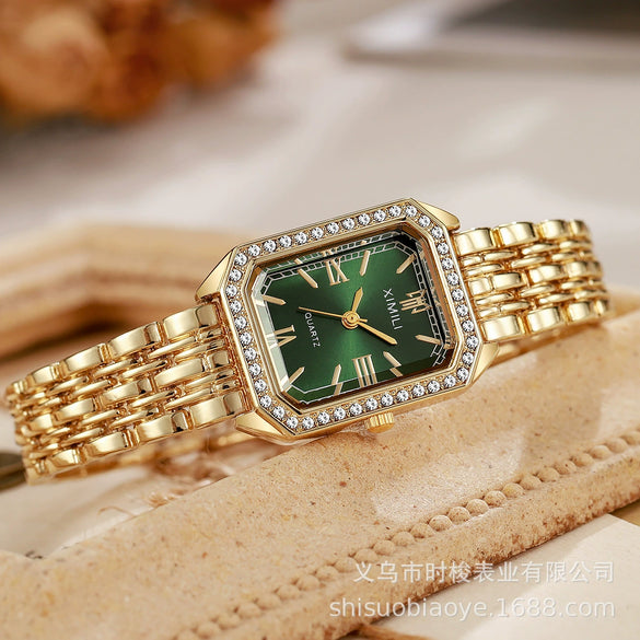 Ladies Retro Quartz Wrist Watch With Roman Numerals Rhinestone Dial Alloy Belt Rectangle Shape