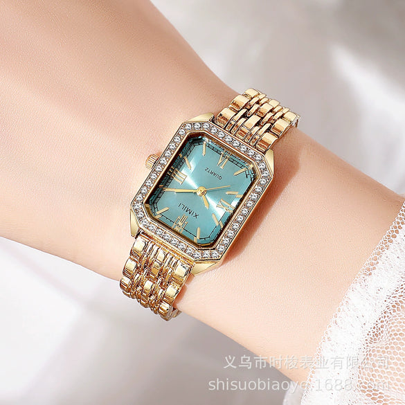 Ladies Retro Quartz Wrist Watch With Roman Numerals Rhinestone Dial Alloy Belt Rectangle Shape