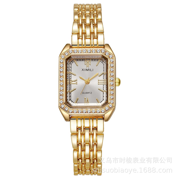 Ladies Retro Quartz Wrist Watch With Roman Numerals Rhinestone Dial Alloy Belt Rectangle Shape