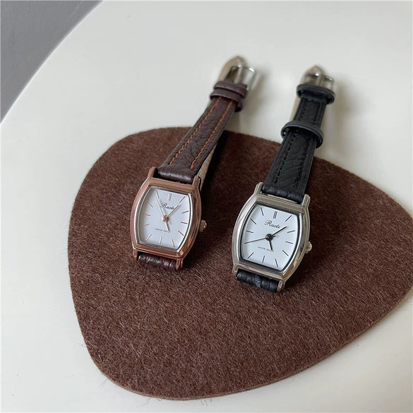 Ladies Retro Small Square Alloy Case Quartz Watch With Barrel Dial And Leisure Style