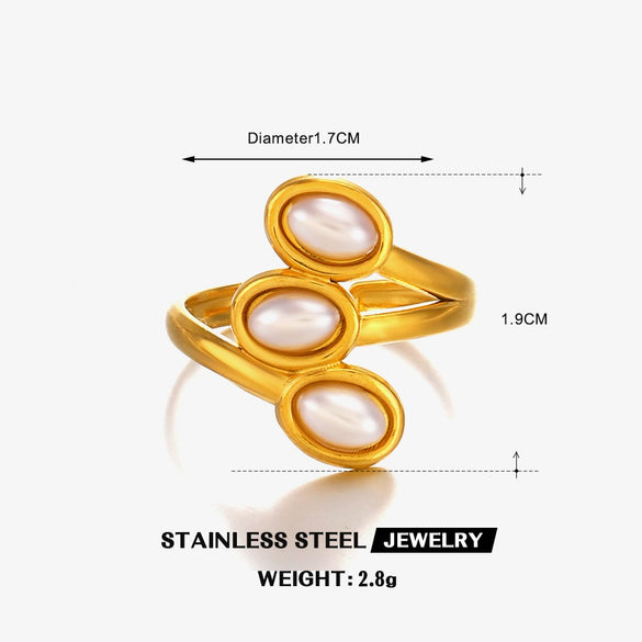 Ladies Retro Style Stainless Steel And Pearl Inlaid Geometric Ring With Electroplating