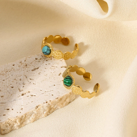 Ladies Ring Stainless Steel 18K Gold Pvdp Furnace Real Gold Hammer Texture Inlaid Turquoise Geometric