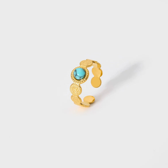 Ladies Ring Stainless Steel 18K Gold Pvdp Furnace Real Gold Hammer Texture Inlaid Turquoise Geometric