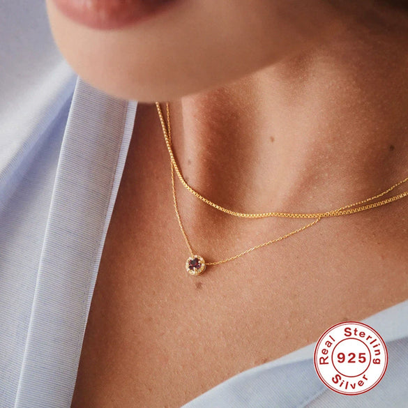 Ladies S925 Sterling Silver Clavicle Necklace With Round Color Diamond And Round Zirconium In Classic Fashion Style Electroplated Geometric Design