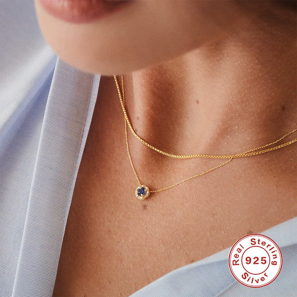 Ladies S925 Sterling Silver Clavicle Necklace With Round Color Diamond And Round Zirconium In Classic Fashion Style Electroplated Geometric Design