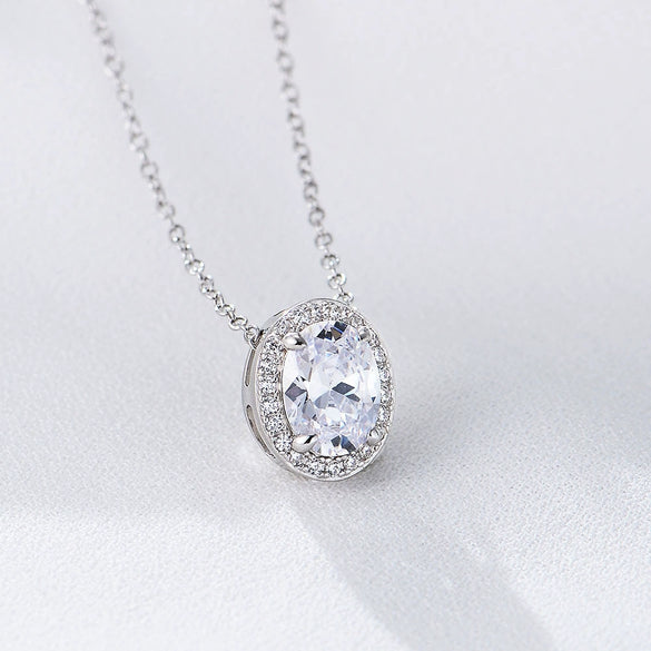Ladies Silver 925 Sterling Microinlaid Zircon Oval Geometric Clavicle Chain Necklace With Diamond Treatment