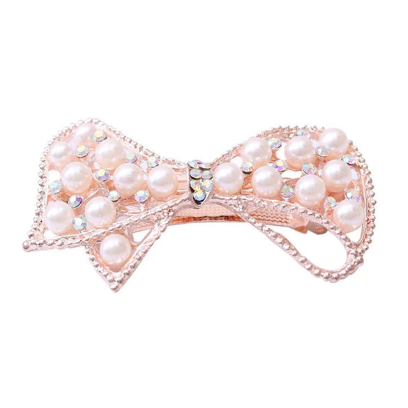 Ladies Spring Hair Clip Alloy Electroplated Crystal Pearl Bow Hair Accessory