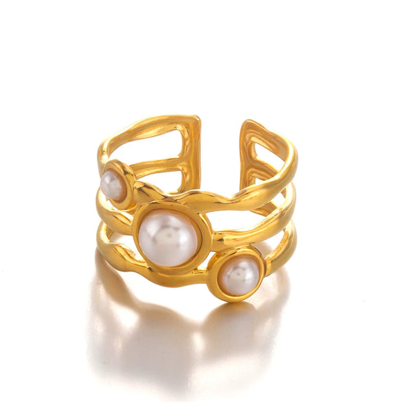 Ladies Stainless Steel And Pearl Geometric Irregular Shaped Hip Hop Retro Style Electroplated Ring