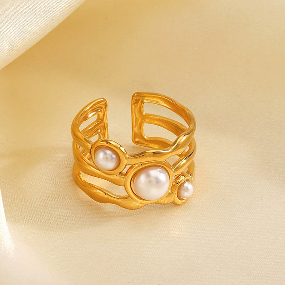 Ladies Stainless Steel And Pearl Geometric Irregular Shaped Hip Hop Retro Style Electroplated Ring