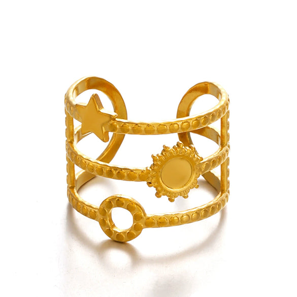 Ladies Stainless Steel And Pearl Geometric Style Star Sun Opening Adjusting Ring 18K Gold Plated