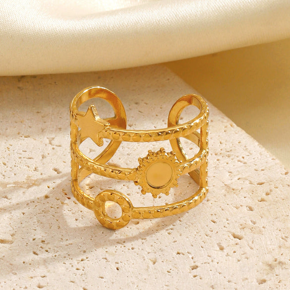 Ladies Stainless Steel And Pearl Geometric Style Star Sun Opening Adjusting Ring 18K Gold Plated