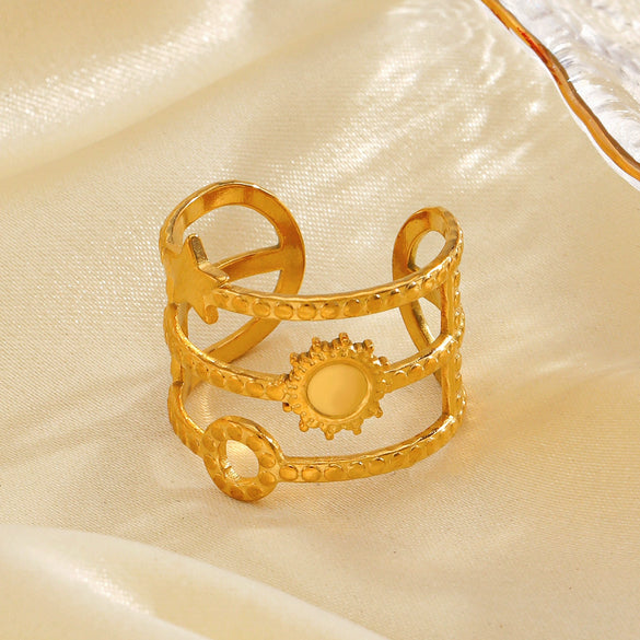 Ladies Stainless Steel And Pearl Geometric Style Star Sun Opening Adjusting Ring 18K Gold Plated