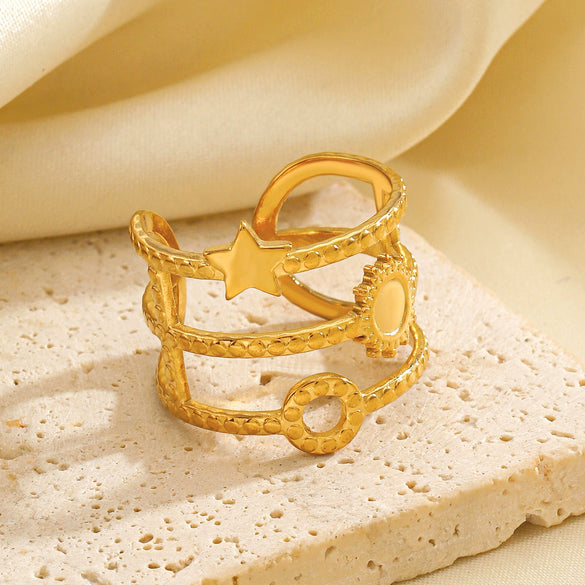 Ladies Stainless Steel And Pearl Geometric Style Star Sun Opening Adjusting Ring 18K Gold Plated