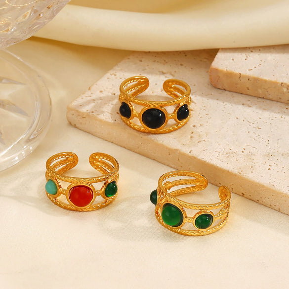 Ladies Stainless Steel And Resin Geometric Round Ring With 18K Gold Plated Electroplating