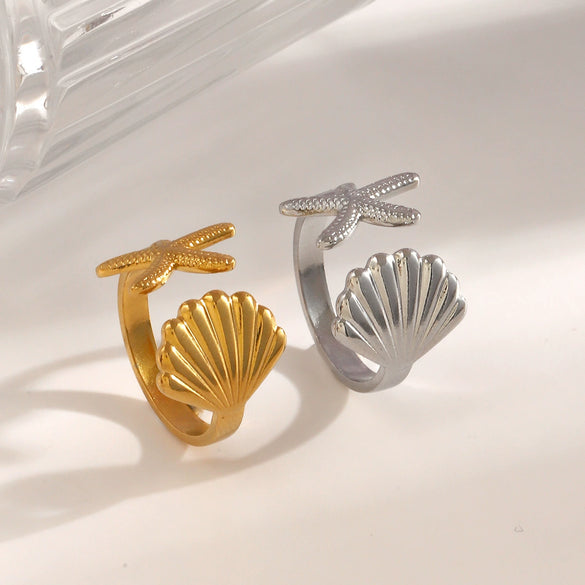 Ladies Stainless Steel And Shell Starfish Design Opening Ring With Electroplating