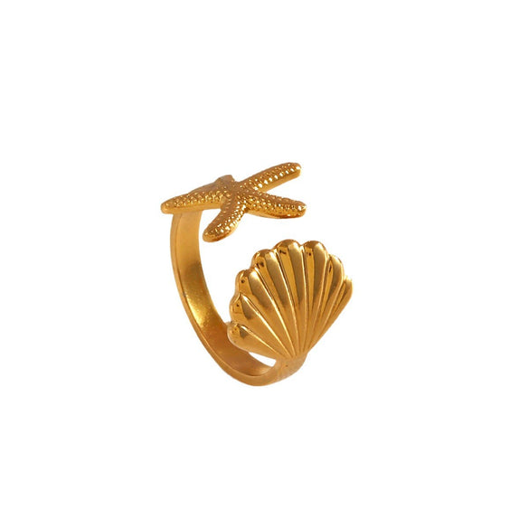 Ladies Stainless Steel And Shell Starfish Design Opening Ring With Electroplating