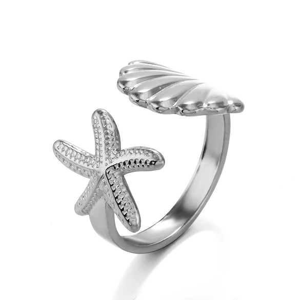 Ladies Stainless Steel And Shell Starfish Design Opening Ring With Electroplating