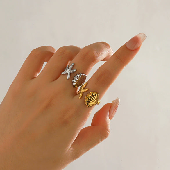 Ladies Stainless Steel And Shell Starfish Design Opening Ring With Electroplating