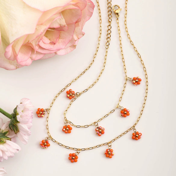 Ladies Stainless Steel And Titanium Steel Pendant Necklace And Bracelet With Crystal Flower Design And Electroplating