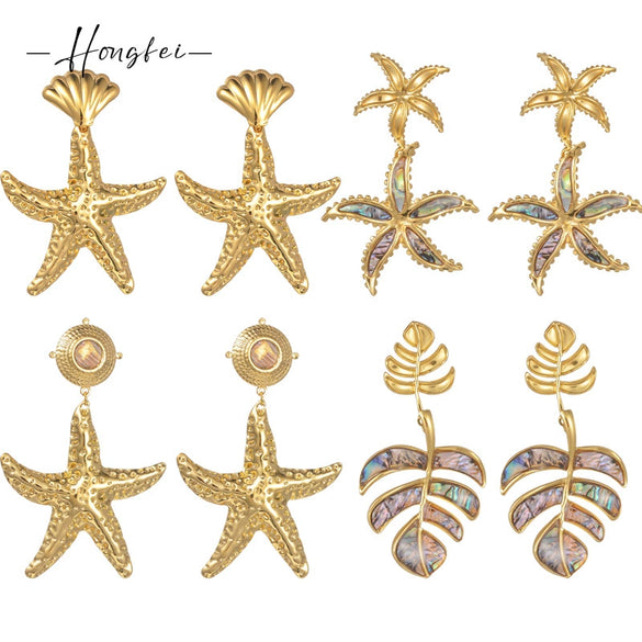 Ladies Stainless Steel Animal Style Irregular Starfish Hammer Earrings With Electroplating