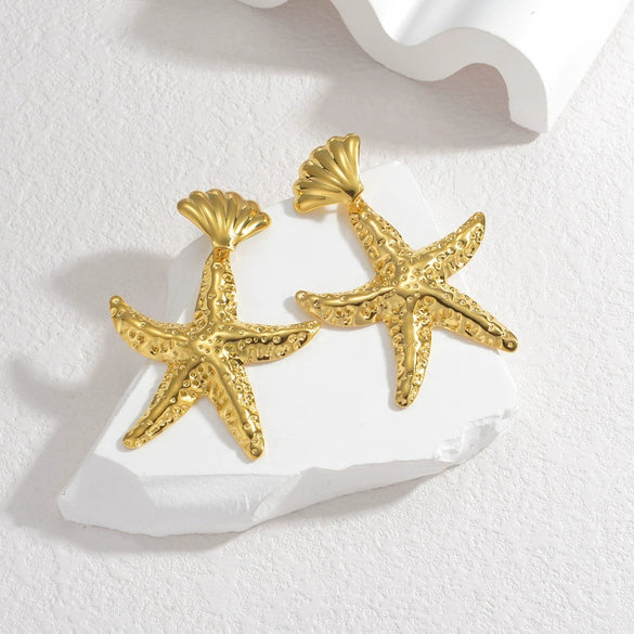 Ladies Stainless Steel Animal Style Irregular Starfish Hammer Earrings With Electroplating