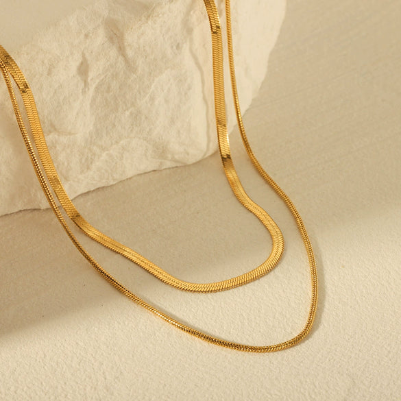 Ladies Stainless Steel Double Layer Snake And Blade Chain Necklace Geometric Style Electroplated