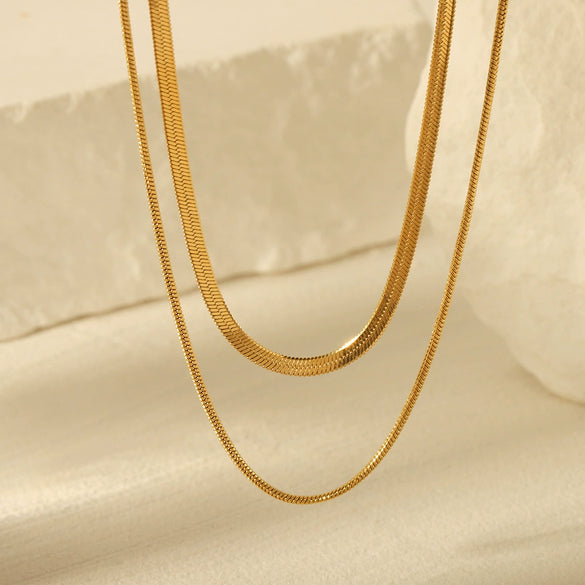 Ladies Stainless Steel Double Layer Snake And Blade Chain Necklace Geometric Style Electroplated