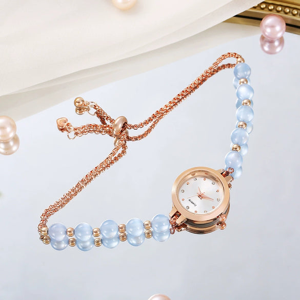 Ladies Stainless Steel Fashion Watch With Round Dial And Beaded Bracelet