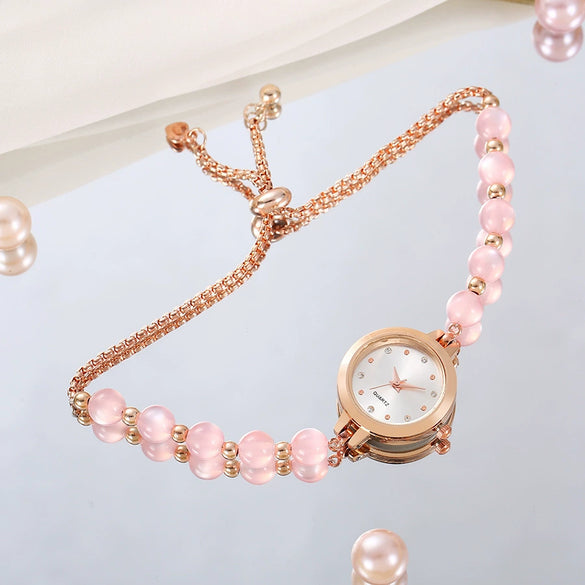 Ladies Stainless Steel Fashion Watch With Round Dial And Beaded Bracelet