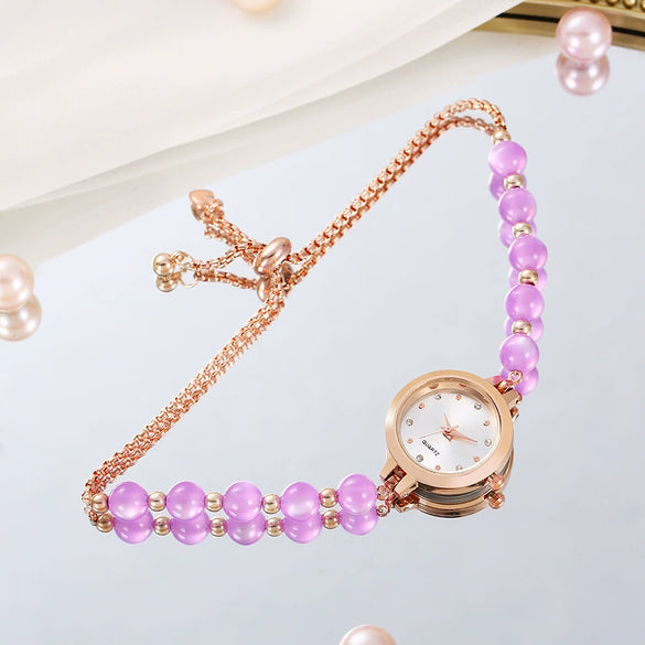 Ladies Stainless Steel Fashion Watch With Round Dial And Beaded Bracelet
