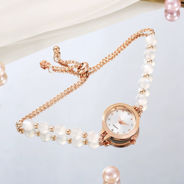 Ladies Stainless Steel Fashion Watch With Round Dial And Beaded Bracelet