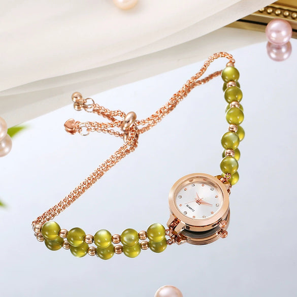 Ladies Stainless Steel Fashion Watch With Round Dial And Beaded Bracelet