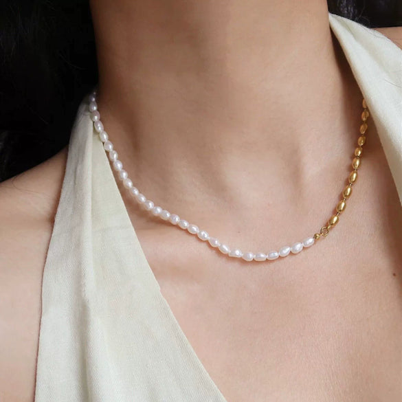 Ladies Stainless Steel Freshwater Pearl Necklace With Geometric Pattern And Pvdp Furnace Real Gold Treatment