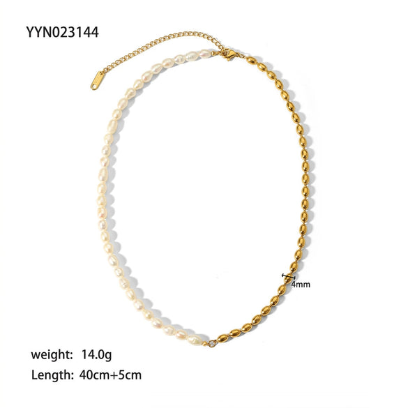 Ladies Stainless Steel Freshwater Pearl Necklace With Geometric Pattern And Pvdp Furnace Real Gold Treatment
