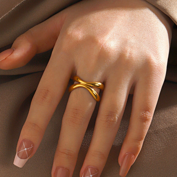 Ladies Stainless Steel Geometric Cross Ring With Electroplating Design And Irregular Shape
