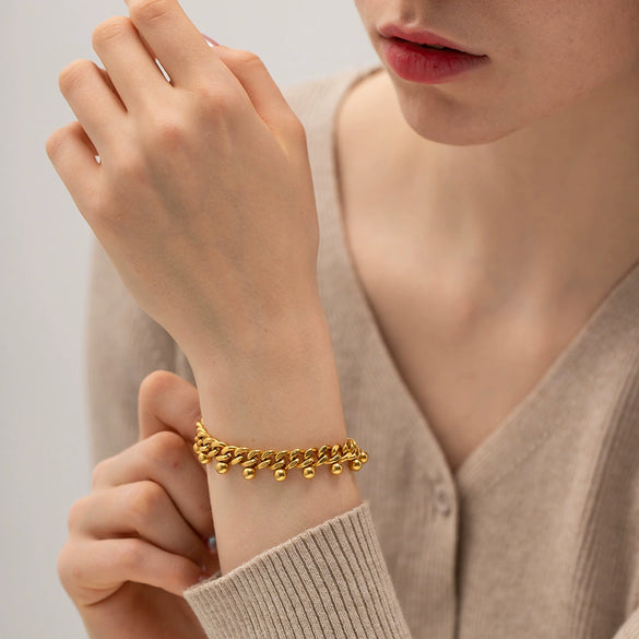 Ladies Stainless Steel Geometric Cuban Chain Round Bead Tassel Electroplated Bracelet Jewelry